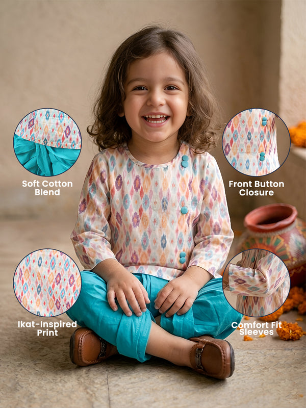 Polka Tots Full Sleeve Abstract print Angrakha With Dhoti - Turquoise Blue