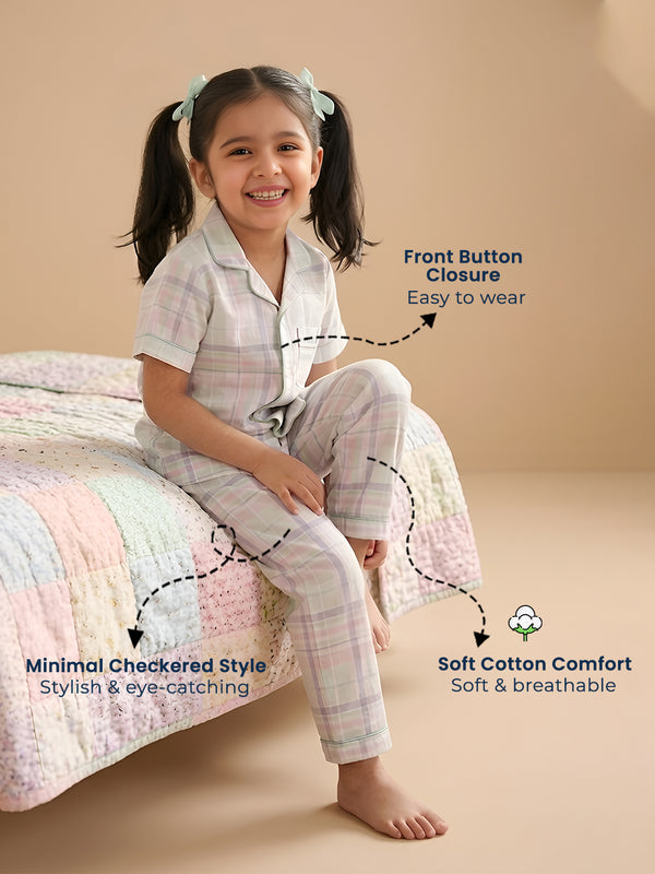 Polka Tots Half sleeves Checkered Night Suit - Green