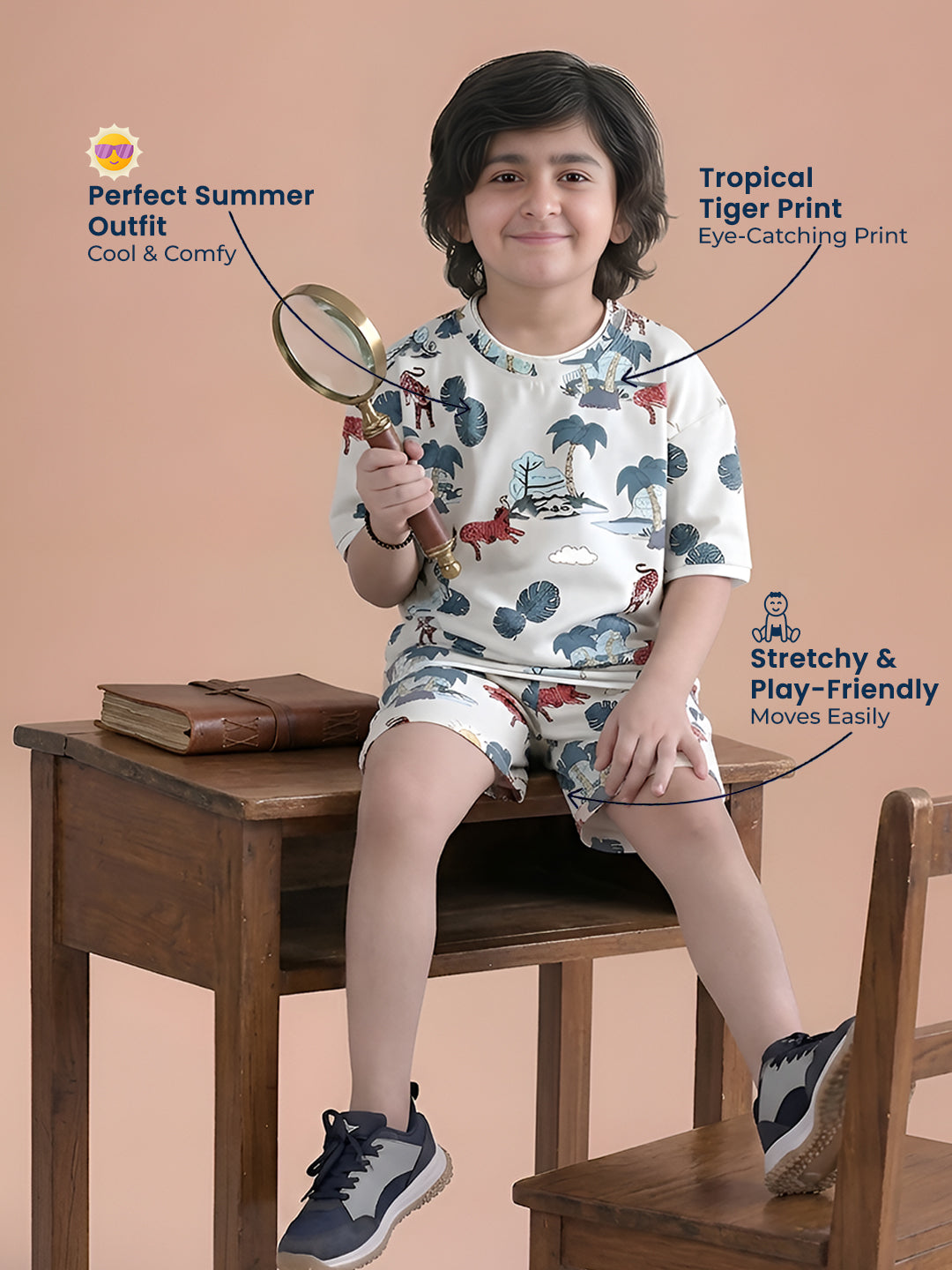Polka Tots Half Sleeves Tropical Tiger Print T-Shirt Shorts - White