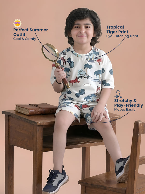 Polka Tots Half Sleeves Tropical Tiger Print T-Shirt Shorts - White
