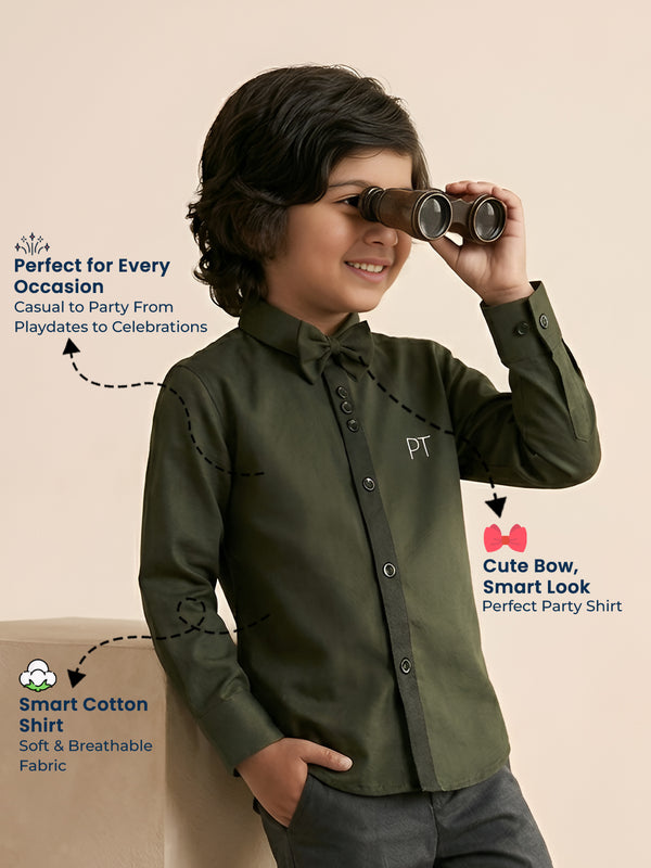 Polka Tots Full Sleeve Party Wear Reverse Collar Placket With Bow Tie Shirt - Green
