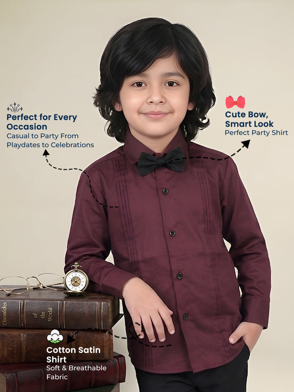 Polka Tots Full Sleeves Cotton Satin Shirt with Bow Tie - Maroon