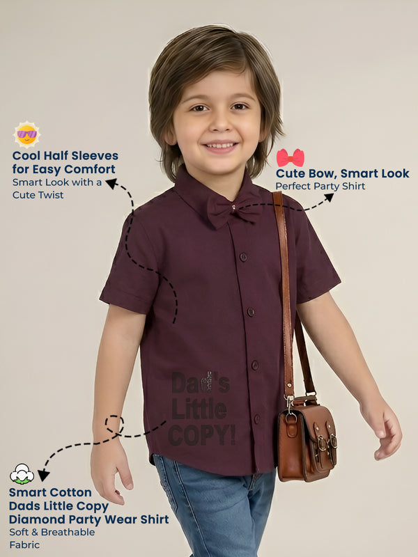 Polka Tots Cotton Regular Fit Dads Little Copy Diamond Party Wear Shirt With Bow Tie - Dark Maroon