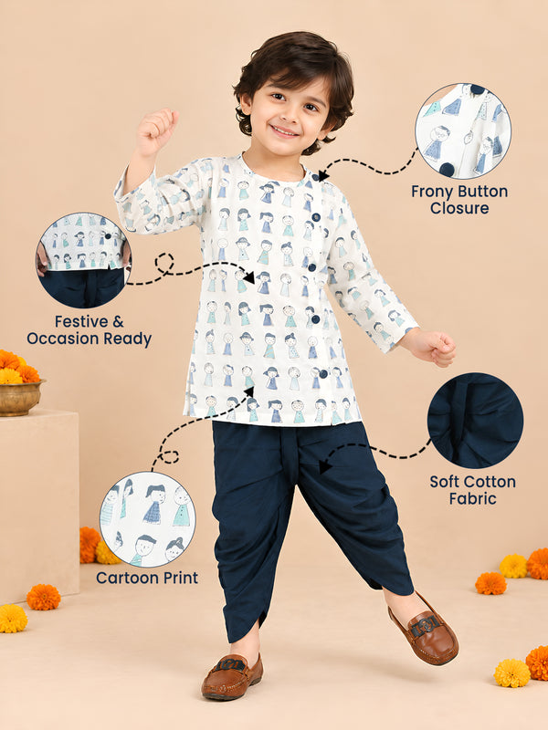 Polka Tots Cotton Full Sleeve Cartoon Print Angrakha Top With Dhoti - Navy