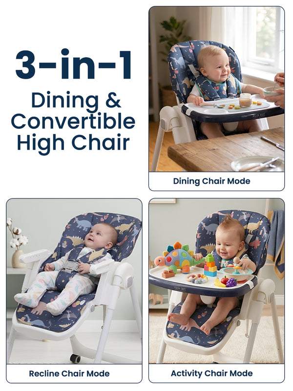 Polka Tots Twist n’ Taste 3 in 1 Convertible Dino Design High Chair - (Blue)