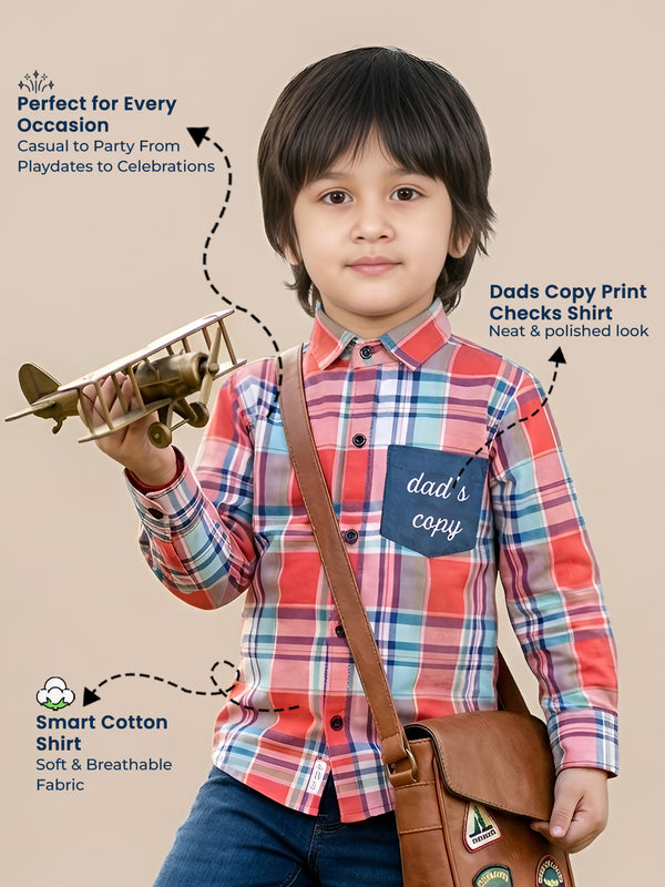 Polka Tots Full Sleeves Dads Copy print Checks Shirt - Coral