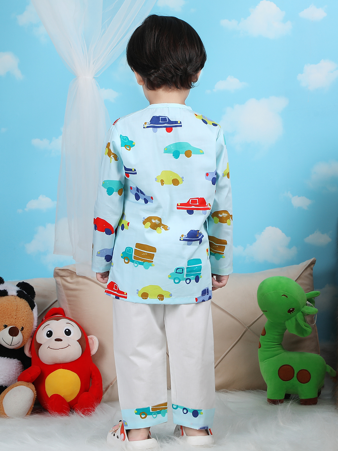 Polka Tots Vehicles print Full sleeves Nightwear Kurta pyjama set - Blue