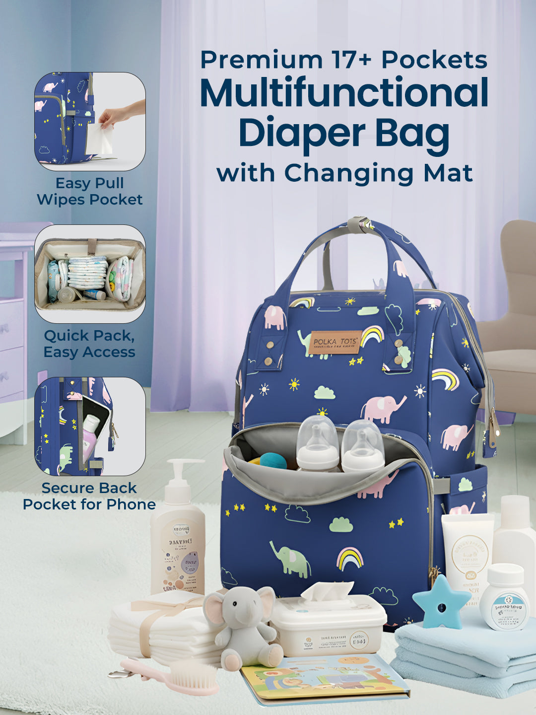 Blue diaper bag with baby items on a light background