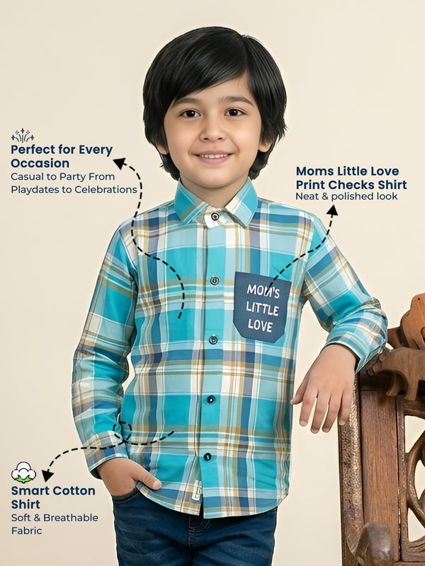 Polka Tots Full Sleeves Moms Little Love print Checks Shirt - Turquoise
