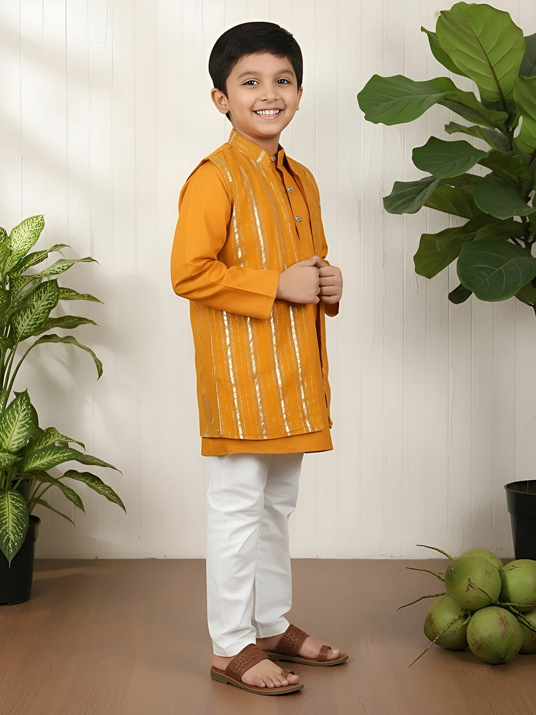 Polka Tots Full Sleeve Ethnic Kurta Pyjama Set with Foil Striped Koti - Orange