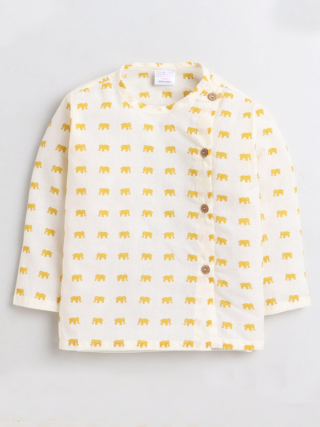 Polka Tots Dhoti Kurta Set for Boys 100% Super Soft Cotton Traditional Ethnic Wear For Kids Yellow Elephant - Cream