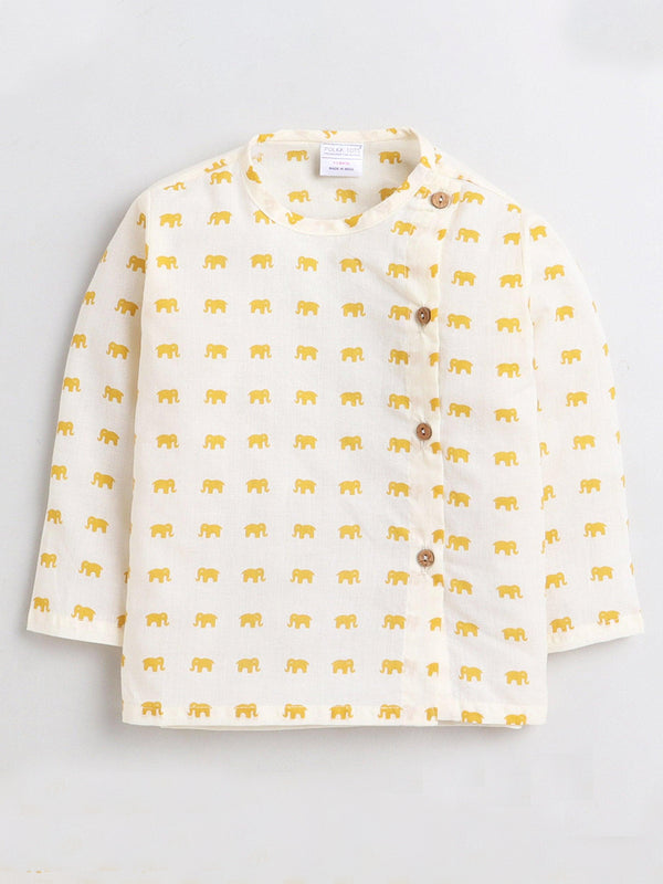 Polka Tots Dhoti Kurta Set for Boys 100% Super Soft Cotton Traditional Ethnic Wear For Kids Yellow Elephant - Cream