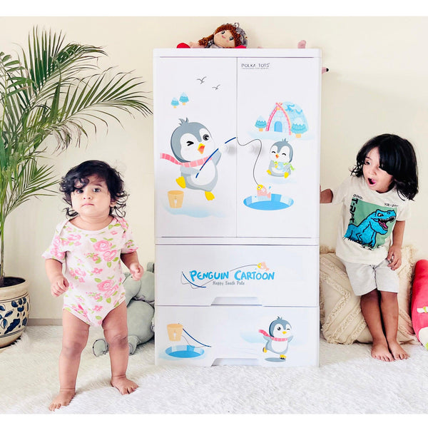 POLKA TOTS Wardrobe Storage Convertible/Collapsible Almirah Plastic Closet For Clothes (Cute Penguin)