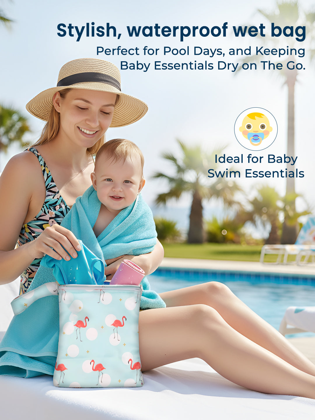 Woman holding a baby and a waterproof wet bag by a pool