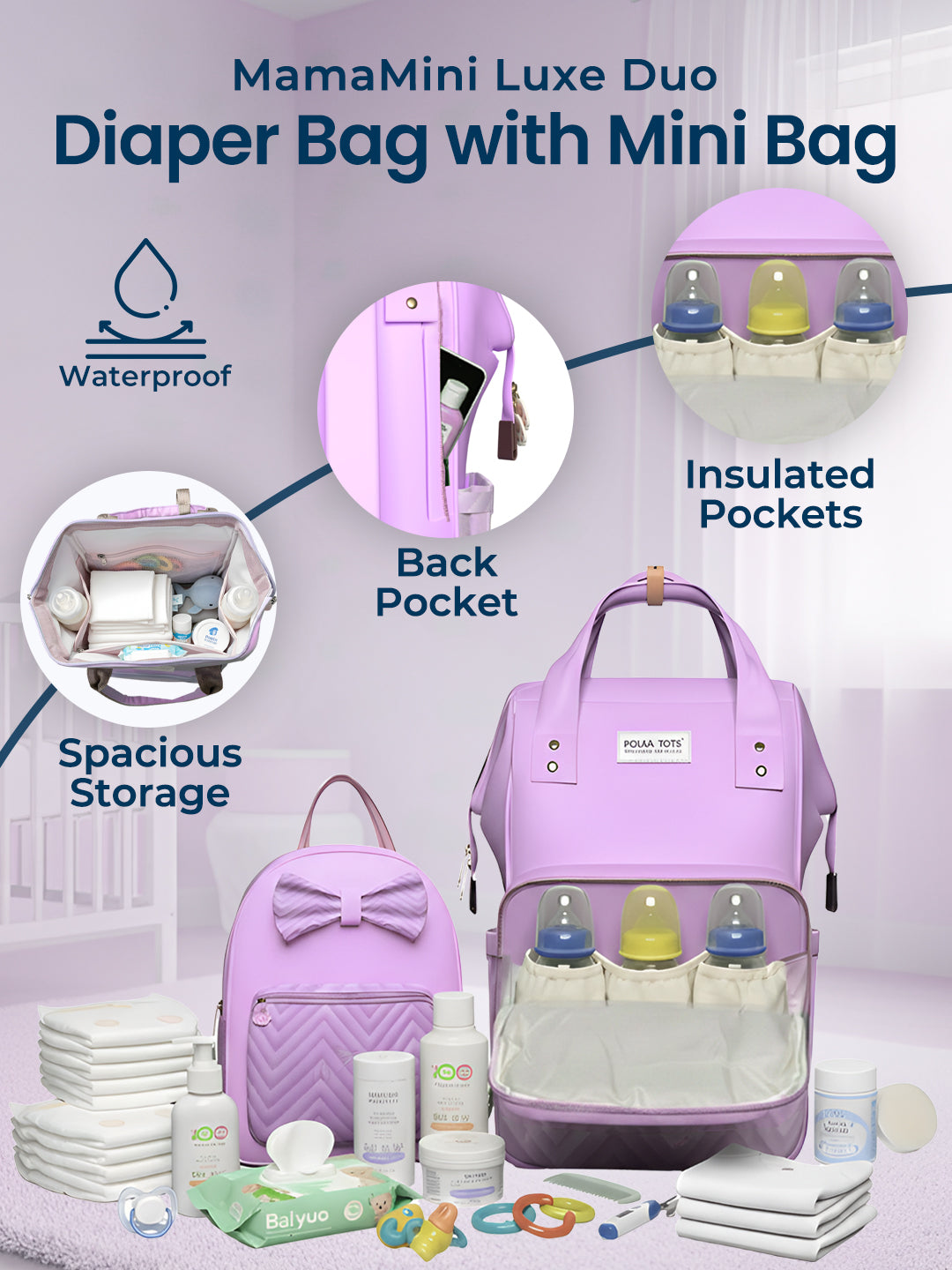 Purple diaper bag with accessories on a light purple background, featuring text on features.