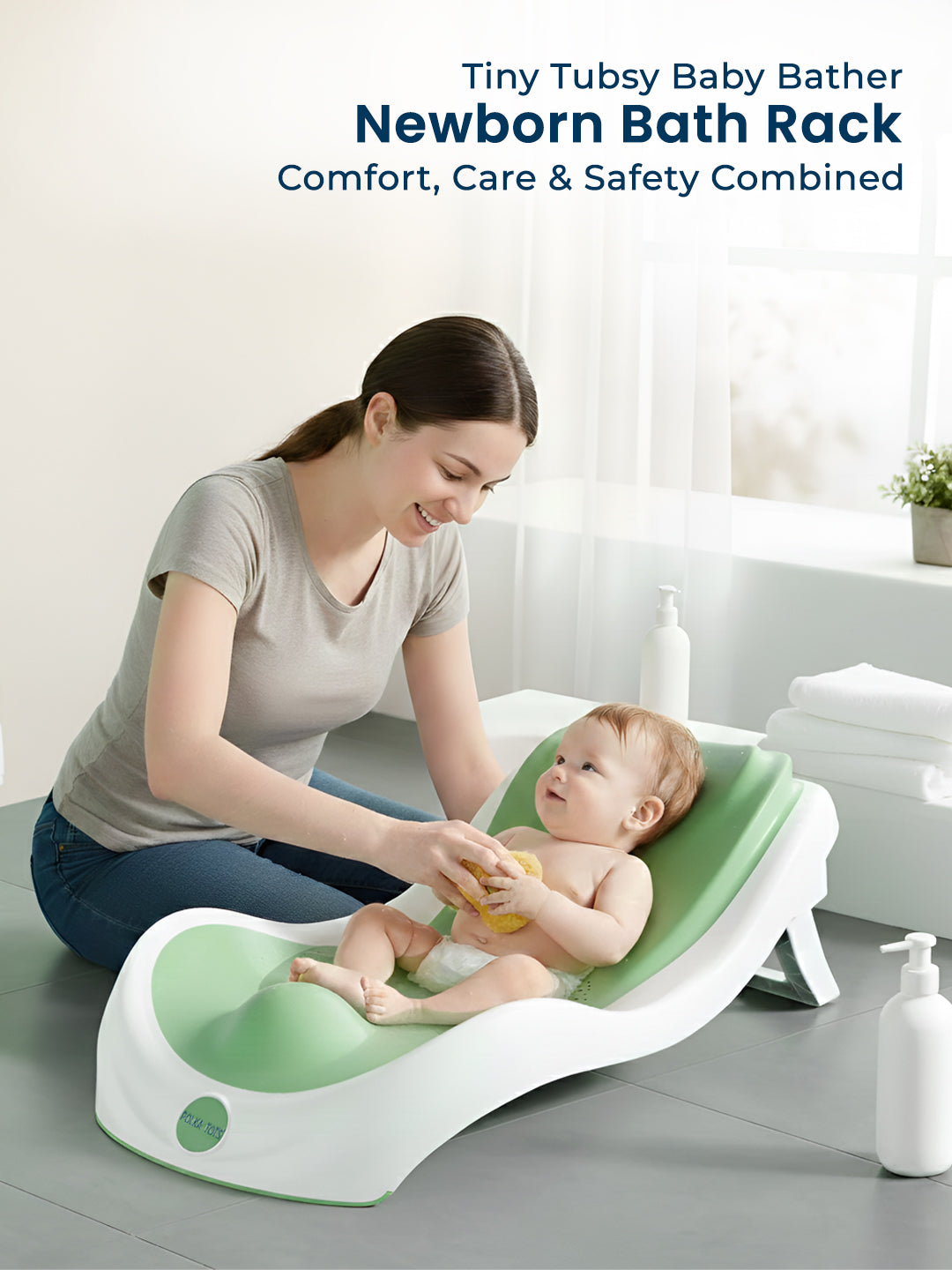 Woman bathing a baby using a Tiny Tubsy Baby Bather with text 'Newborn Bath Rack' on a white background.