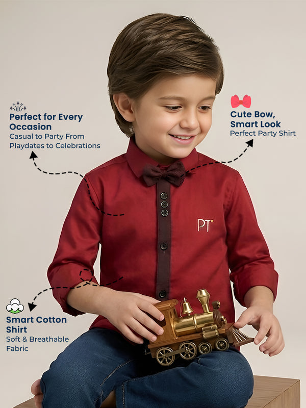 Polka Tots Full Sleeve Party Wear Reverse Collar Placket With Bow Tie Kids Shirt - Red
