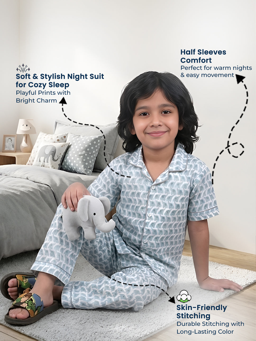 Polka Tots Half sleeves Elephant print Night Suit - Blue