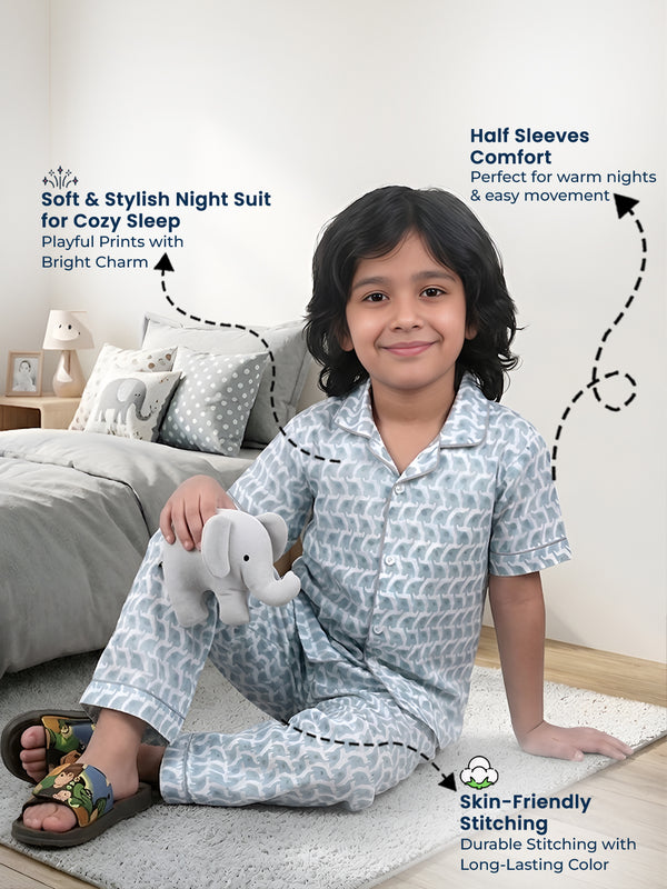 Polka Tots Half sleeves Elephant print Night Suit - Blue