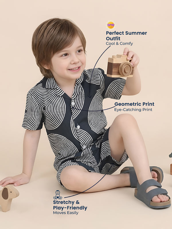 Polka Tots Half Sleeves Geometric print Co-ords - Navy