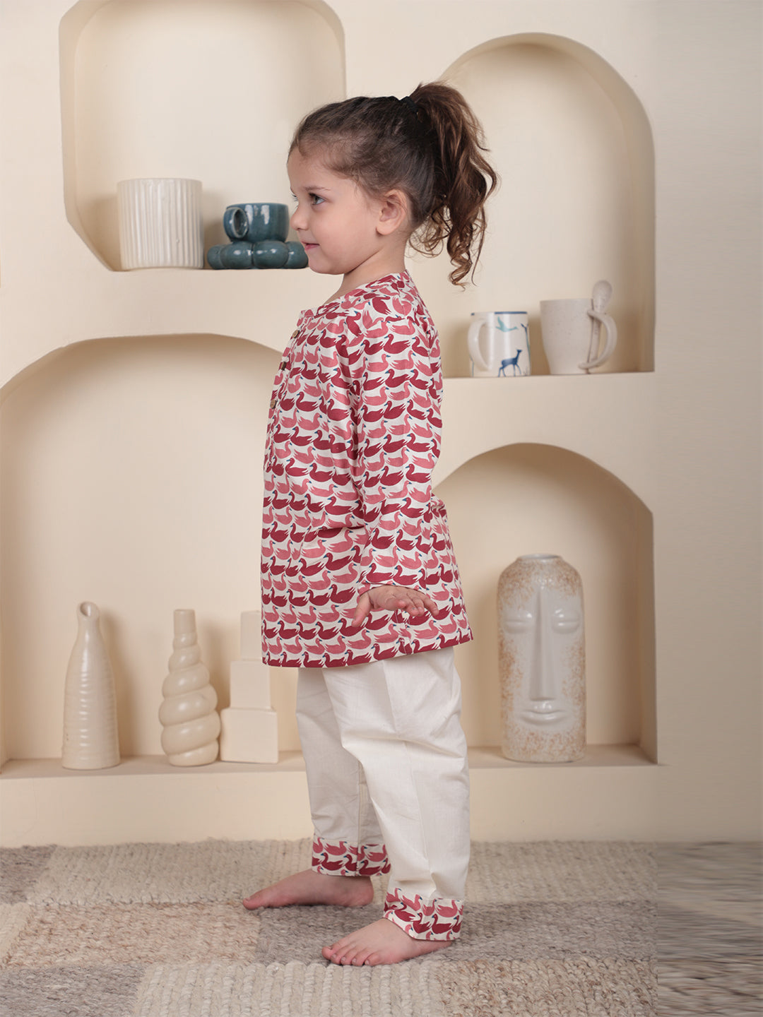 Polka Tots Full sleeves Swan print Nightwear Kurta pyjama set - Pink