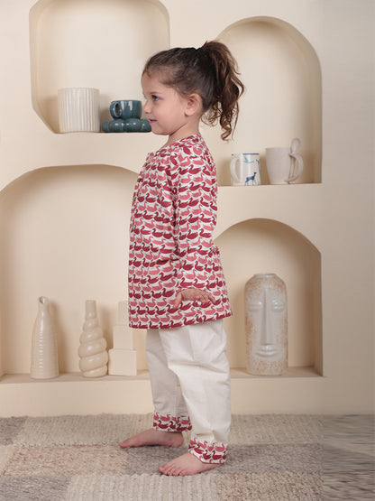 Polka Tots Full sleeves Swan print Nightwear Kurta pyjama set - Pink