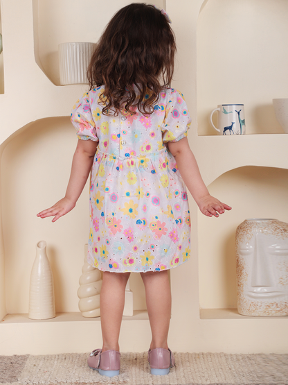 Polka Tots Half sleeve Floral print Frock with Headband - Multicolor