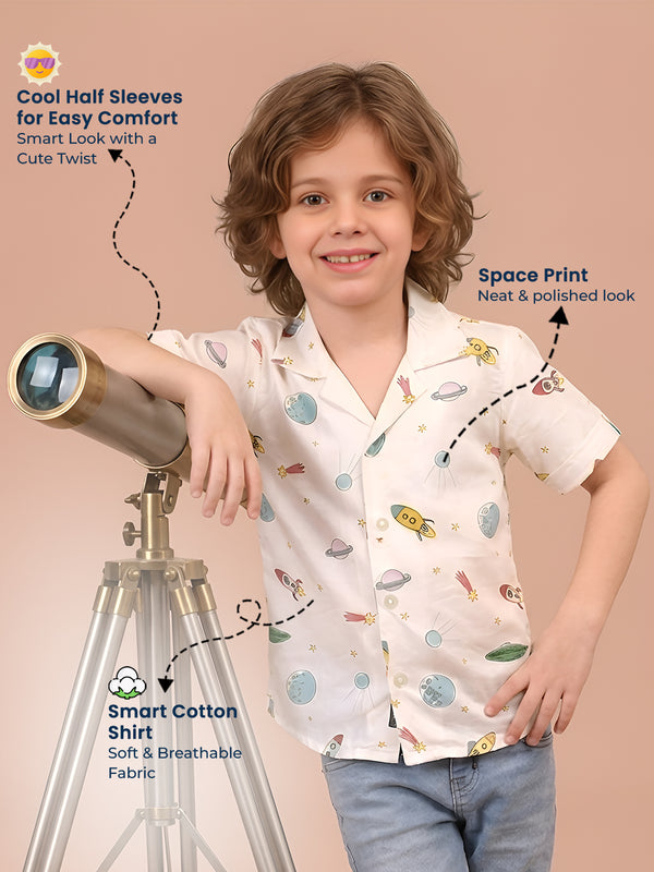 Polka Tots Half Sleeves Space print Shirt - White