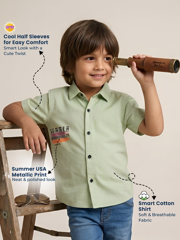 Polka Tots Cotton Regular Fit Half Sleeve Summer USA Metallic Print Shirt - Pista Green