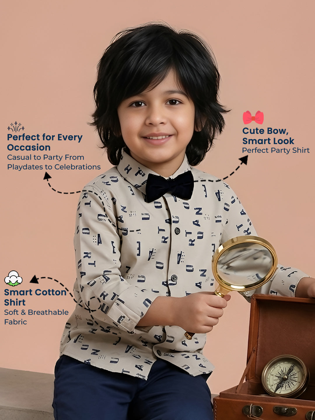 Polka Tots Full Sleeve Lycra Shirt Alphabet Print with Bow Tie Cream