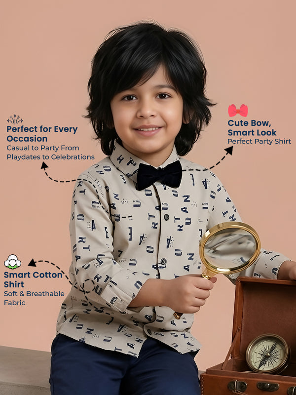 Polka Tots Full Sleeve Lycra Shirt Alphabet Print with Bow Tie Cream