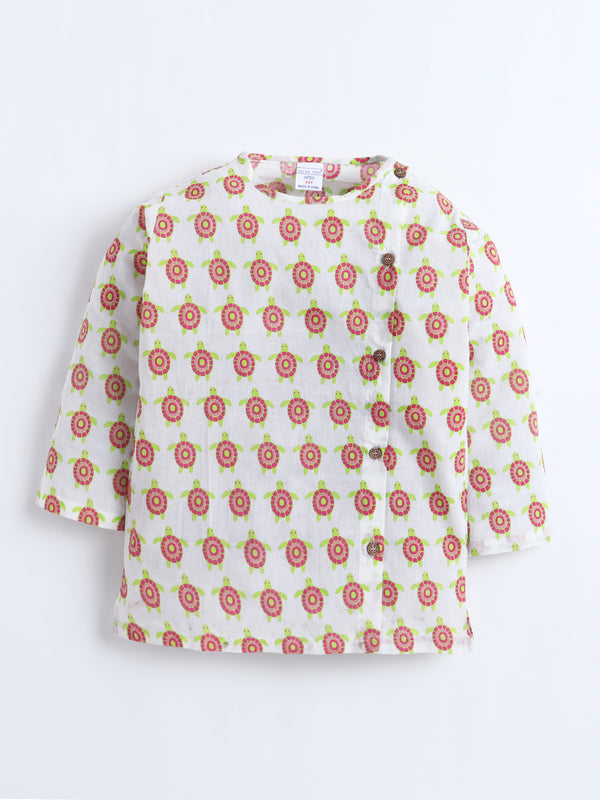 Polka Tots Turtle Print Angrakha Top With Dhoti - Multicolour
