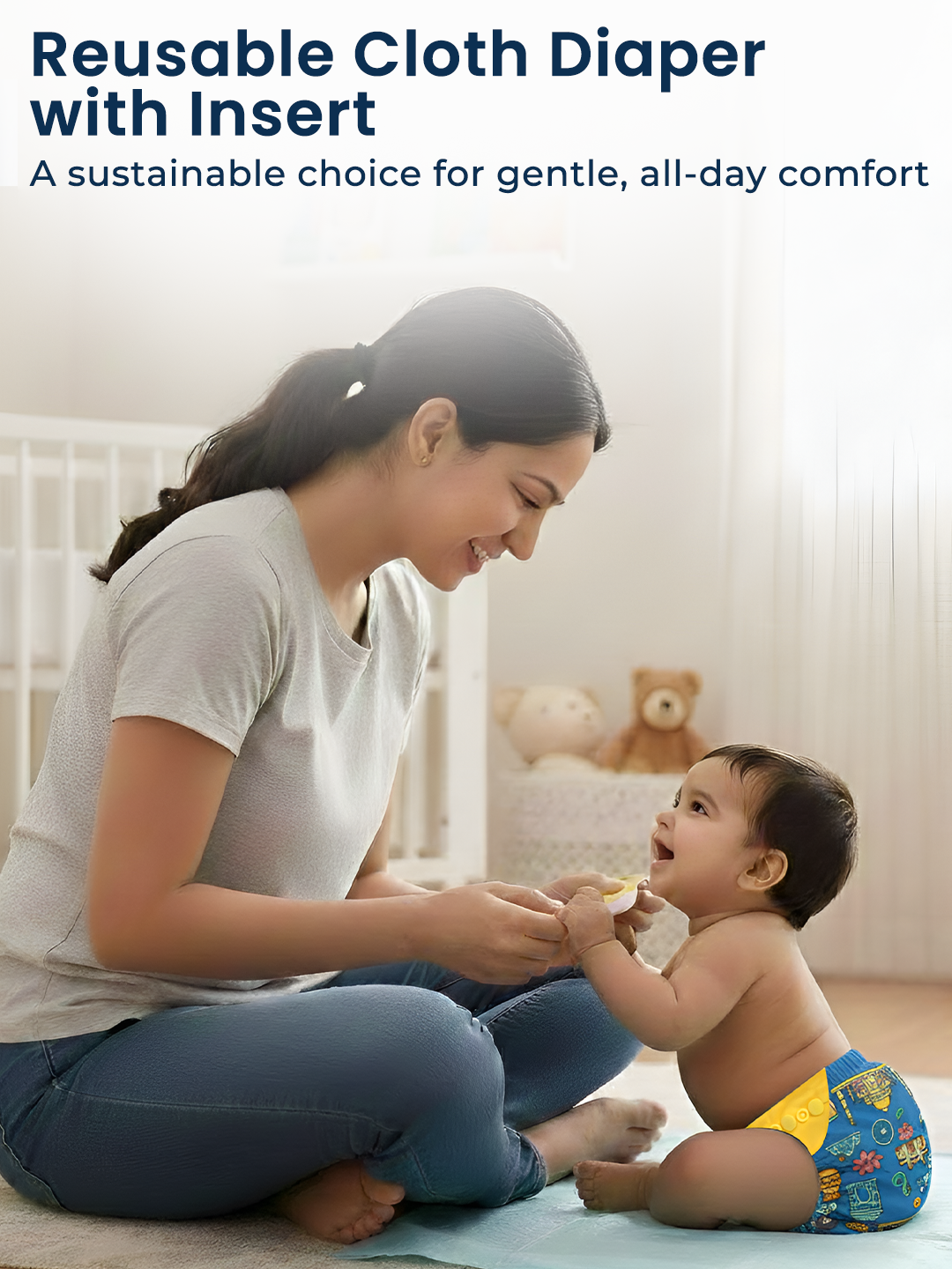 Woman feeding a baby wearing a colorful reusable cloth diaper in a nursery setting.