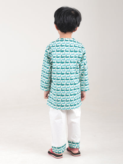 Polka Tots Full sleeves Swan print Nightwear Kurta pyjama set - Green