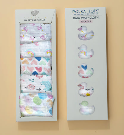 Polka Tots Newborn Pack of 5 100% Soft Muslin Cotton Washcloth Set
