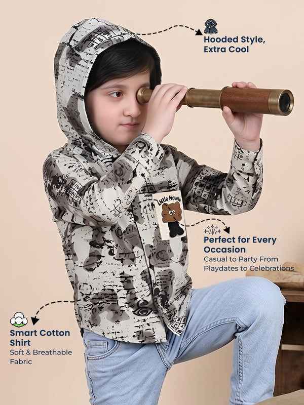 Polka Tots Full Sleeves Abstract Scribble Print Hooded Kids Shirt with Smiley Patch - Cream