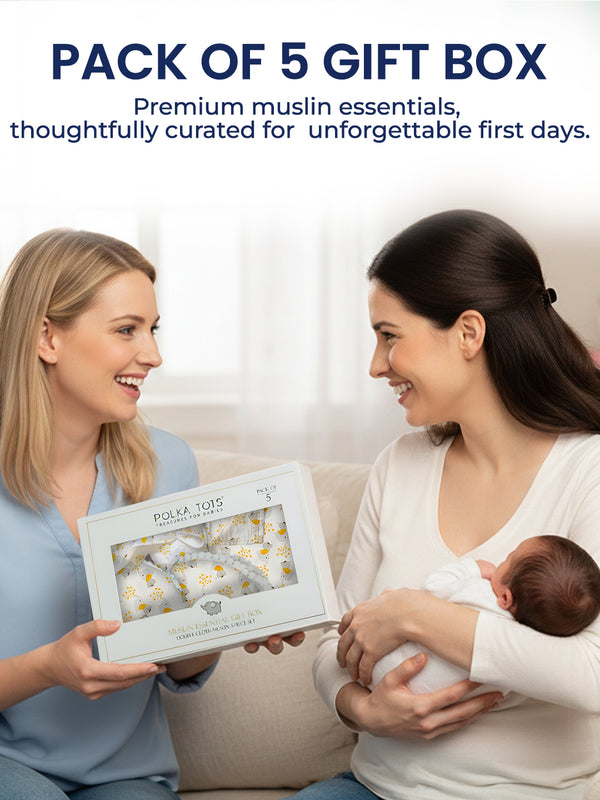 Polka Tots Newborn Pack of 5 100% Soft Double-Layer Muslin Cotton Essentials Gift Box – Jumbo Jr. Print