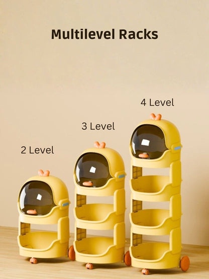Set of yellow multilevel storage racks with text indicating number of levels on a beige background.