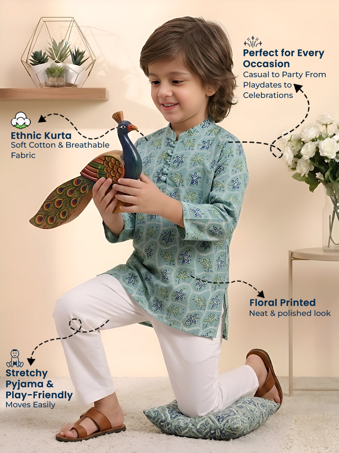 Polka Tots Cotton Full Sleeve Floral Printed Ethnic Kurta Pyjama Set - Green