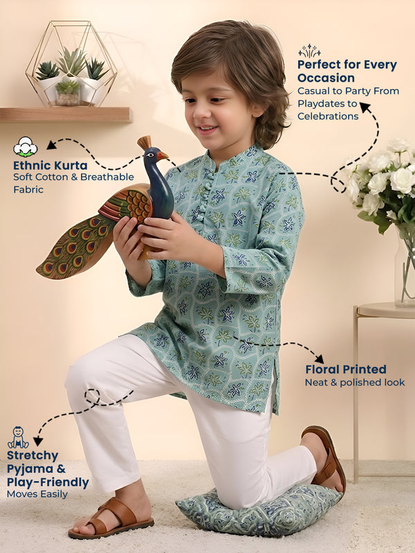 Polka Tots Cotton Full Sleeve Floral Printed Ethnic Kurta Pyjama Set - Green