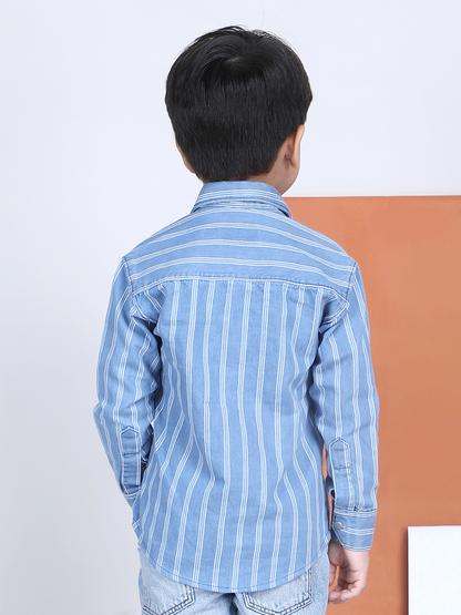 Polka Tots Full Sleeves Cotton Striped Shirt - Blue