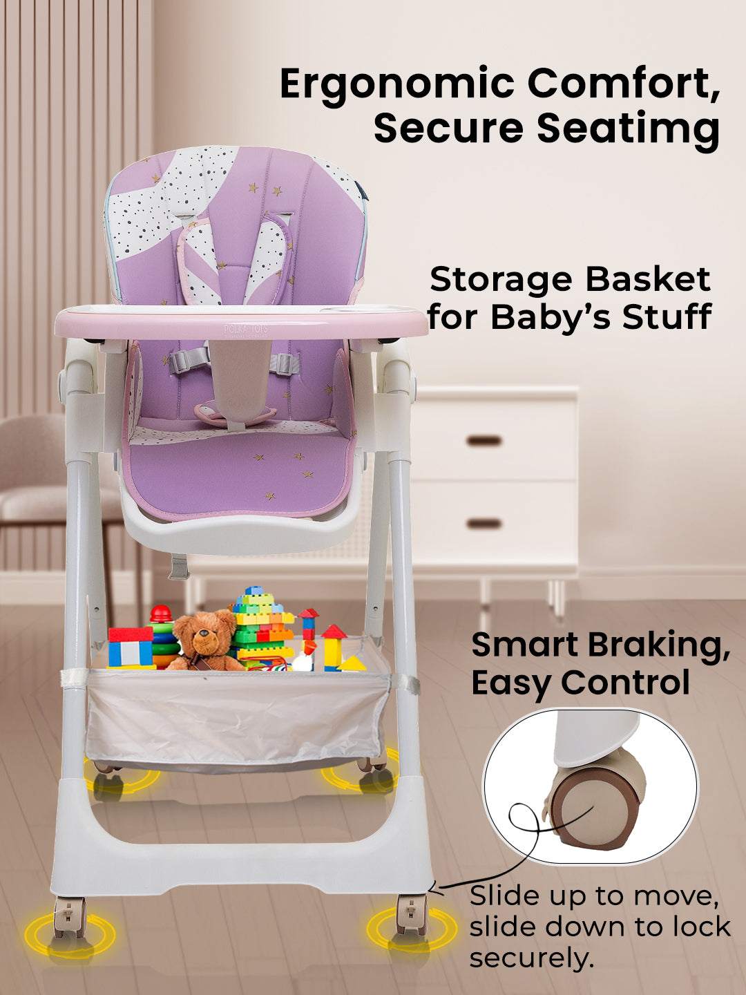 Purple high chair with storage basket and baby toys, featuring ergonomic comfort and smart braking.
