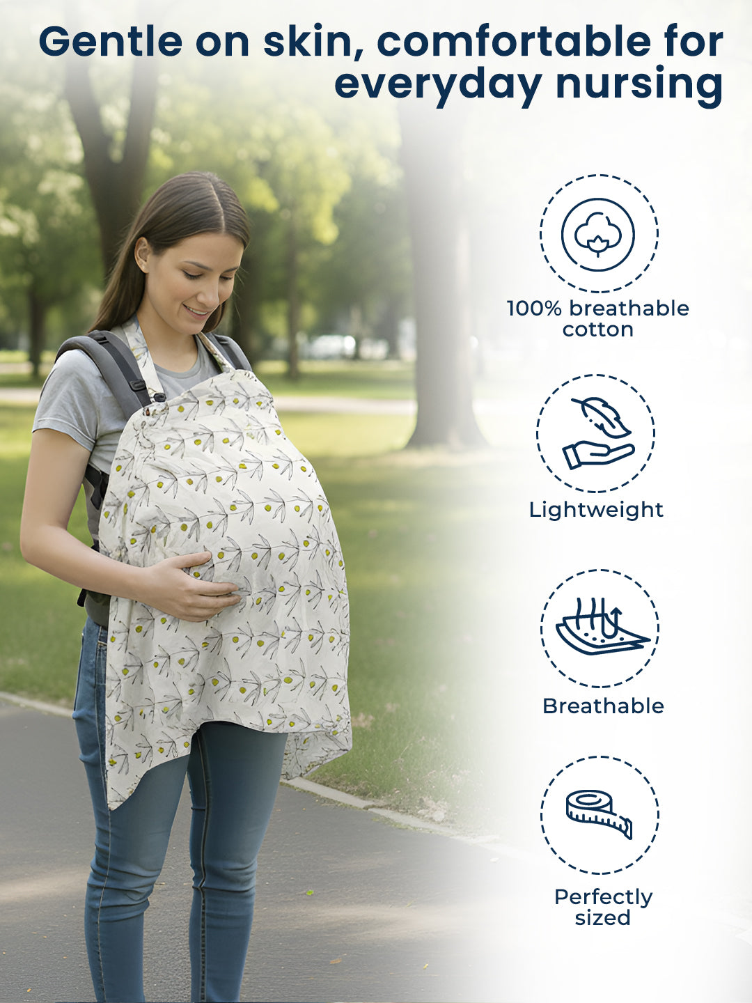 Woman wearing a baby carrier in a park with product features listed on the right.