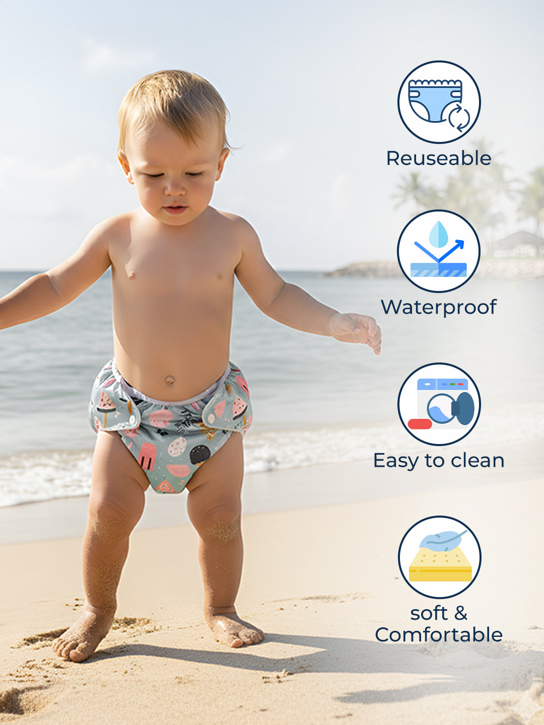 Child wearing a reusable, waterproof, easy-to-clean, and soft & comfortable diaper on a beach.