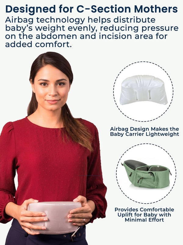 Polka Tots 6-in-1 Hip Seat Baby Carrier with Airbag, Extra Cushioning for C-Section Moms, Waist Belt up to 47 Inches with Lumbar Support (Green)