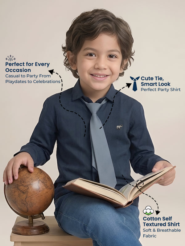 Polka Tots Full Sleeves Cotton self textured Shirt with Tie - Navy