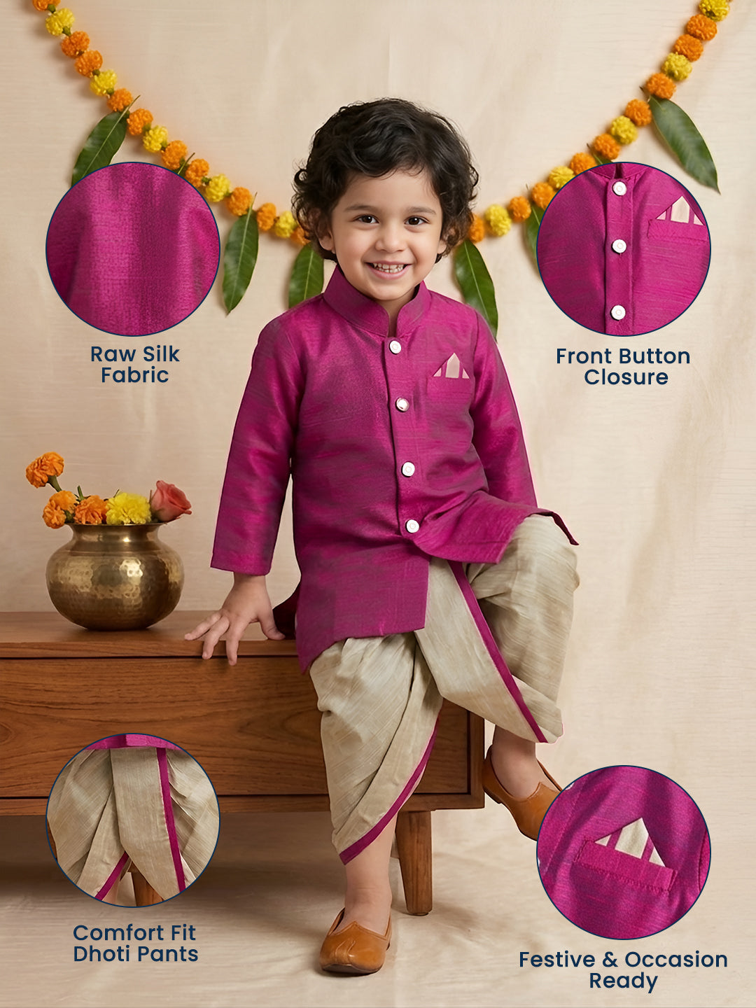 Polka Tots Full Sleeve Solid Kurta with Dhoti Set with Contrast Pocket - Maroon