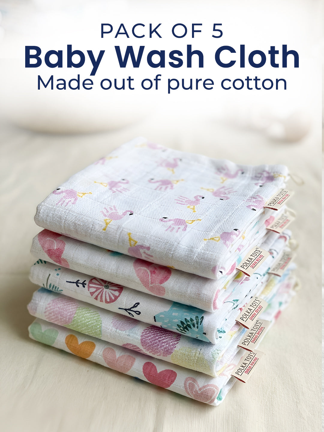 Polka Tots Newborn Pack of 5 100% Soft Muslin Cotton Washcloth Set