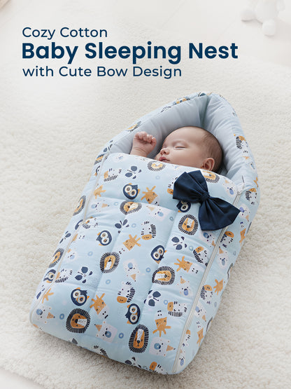Polka Tots Baby Sleeping Nest Cotton Carry Pod Bedding for Newborn Sleeping Bag with a Bow - Lion print Blue