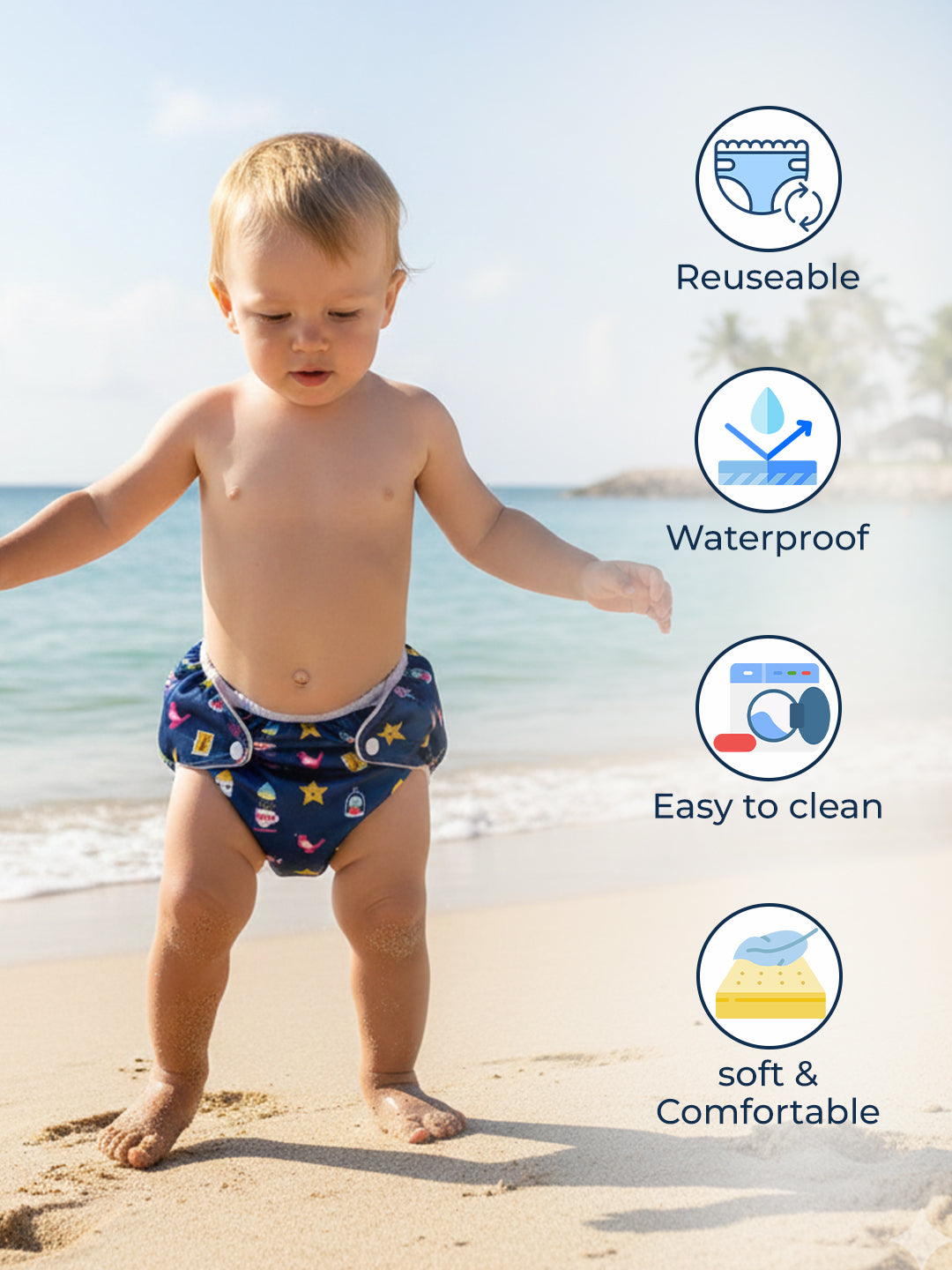Child wearing a reusable waterproof diaper on a beach with features highlighted.